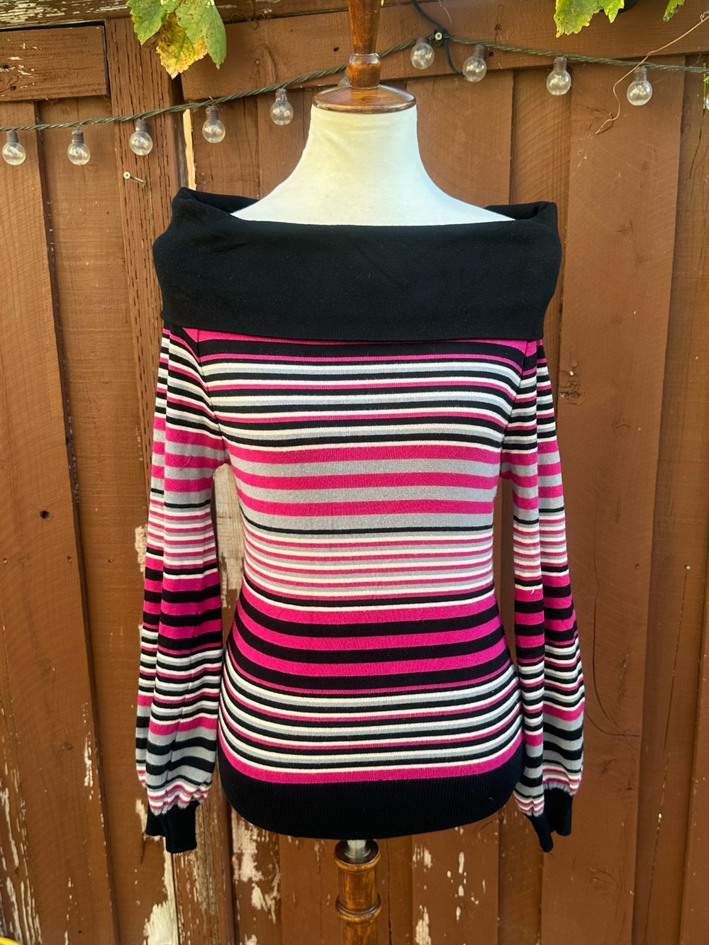 Rampage Pink, Black & White Striped Off-Shoulder Sweater